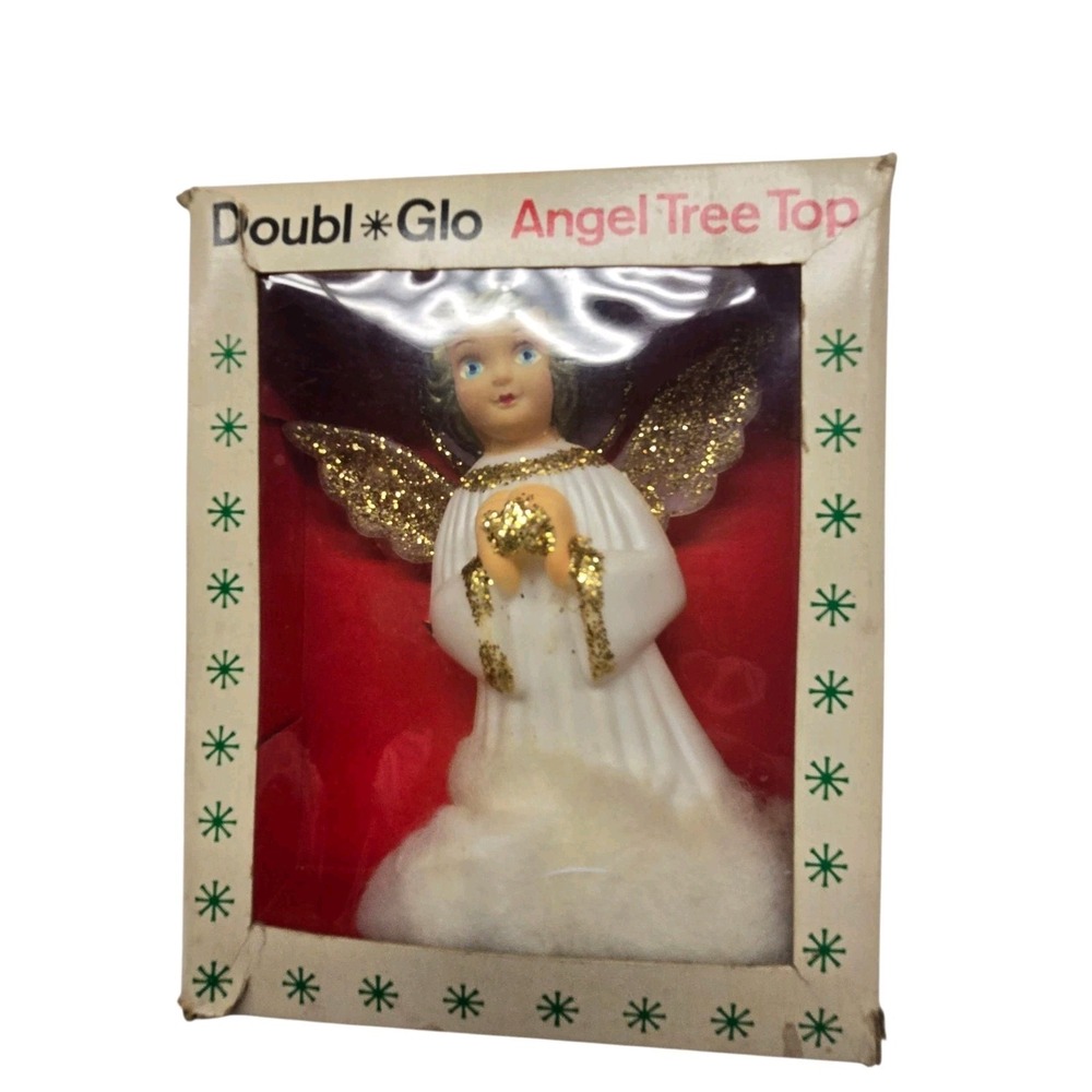 Vintage 70s 80s Christmas Doubl Glo Angel Tree Topper Gold Glitter Fluffy Cotton